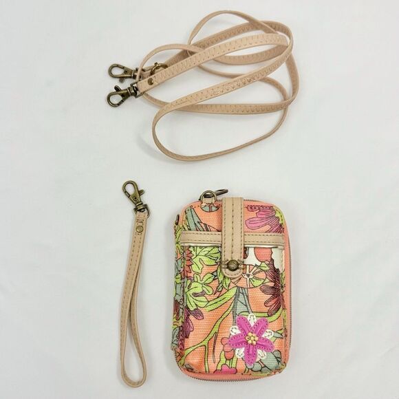 Sakroots Peach Pink Floral Print Mini Convertible Wristlet Crossbody Wallet - Picture 2 of 16